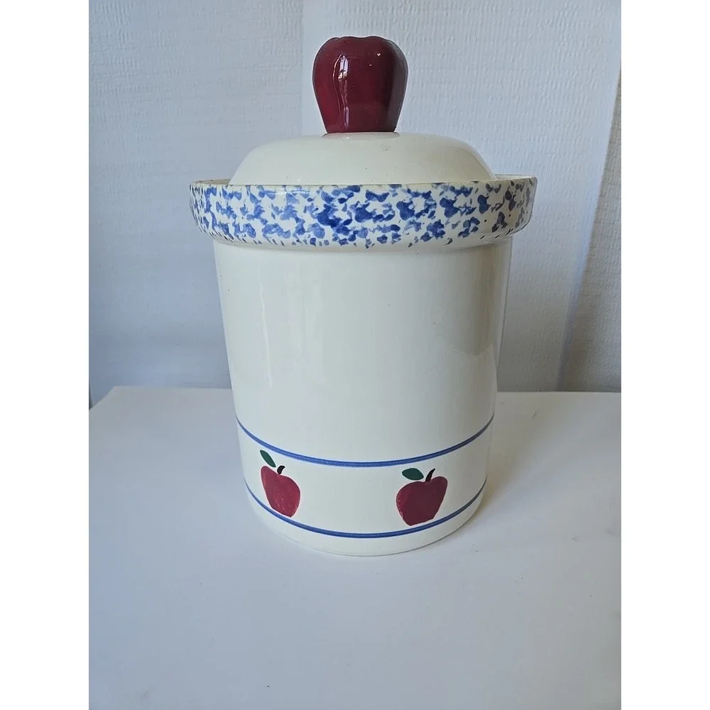 Vtg Treasure Craft Apple Cookie Jar Canister Spongeware Pottery Retro Kitchen 10